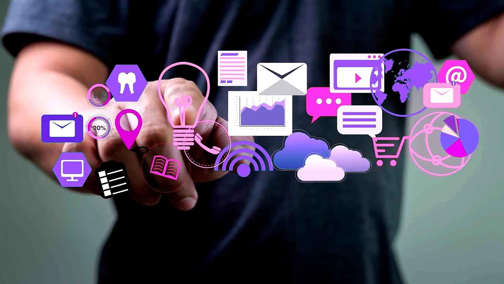 Representación visual de estrategias de branding digital con iconos de creatividad, redes sociales, análisis de datos y posicionamiento online, parte de los servicios que ofrece Digimedia agencia de marketing Digital